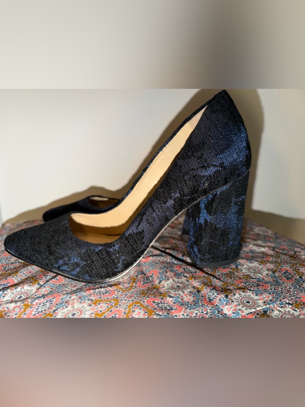 Vince Camuto Navy Blue Patterned Block Heel Pumps